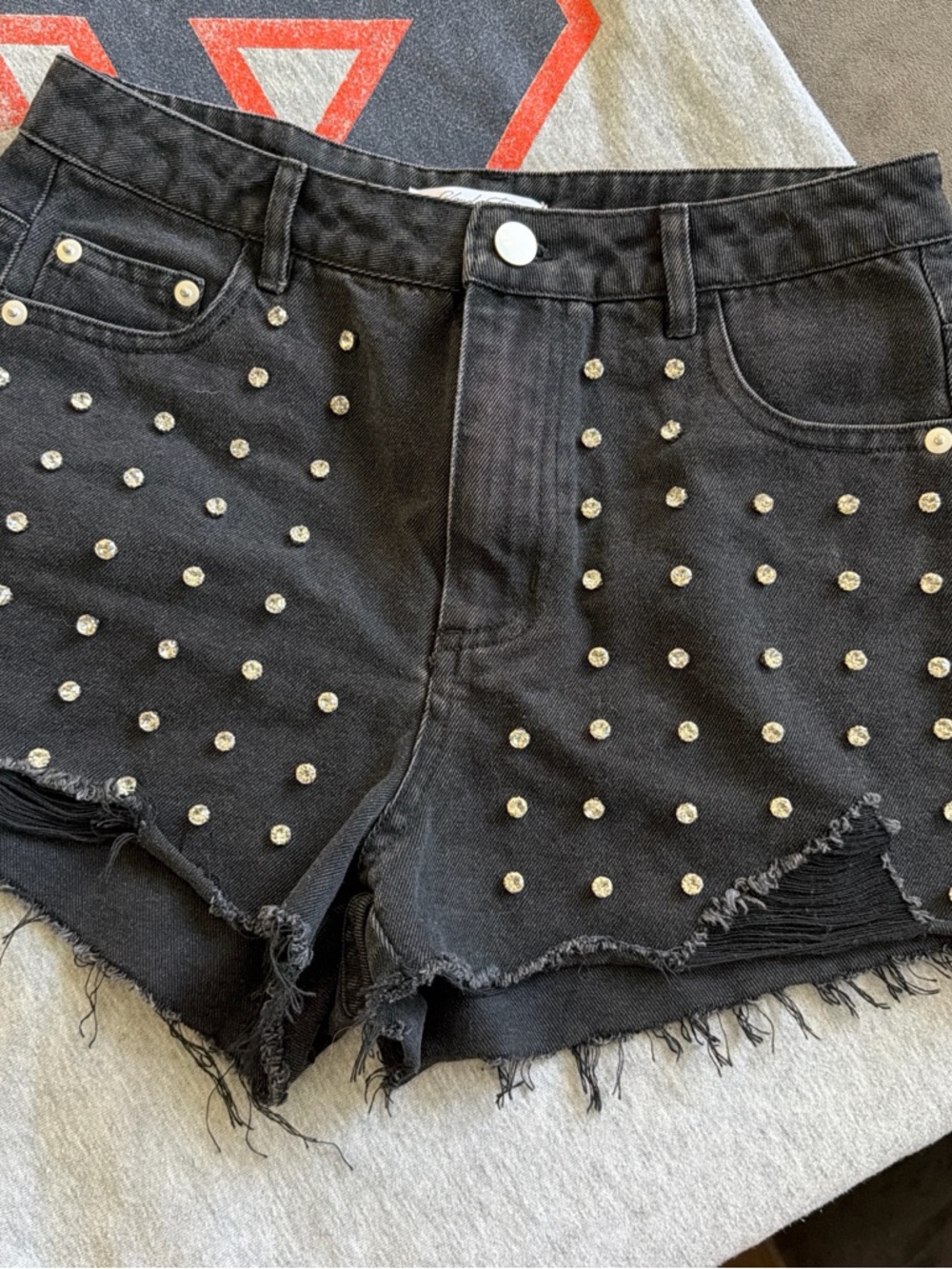 Black Studded Denim Cutoff Shorts - Women